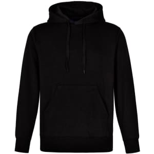 A black adult's close front contrast fleecy hoodie with a front pocket and a hood, featuring a logo.