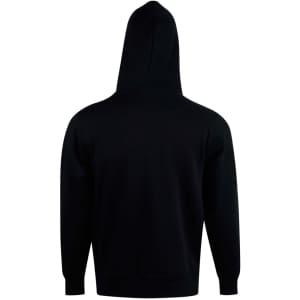 A kids' hoodie in black with a hood, featuring a simple design and a logo on the back.