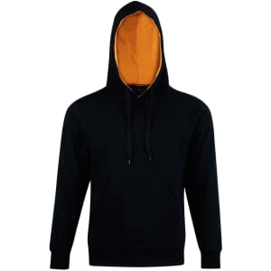 A black hoodie with an orange interior, featuring a front pocket and a drawstring hood. It has a logo on it.