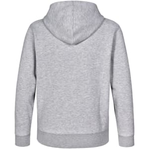 A grey hoodie featuring a close front and a hood, showcasing a simple back view. Includes a logo.