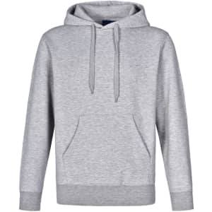 A grey adult's hoodie with a close front, contrast detailing, and a kangaroo pocket. Features a logo.