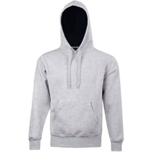 Adult's contrast fleecy hoodie in light grey with a dark hood and front pocket, featuring a logo on the front.
