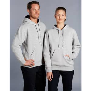 A grey fleecy hoodie with a front pocket, featuring a logo, worn by a man and a woman.