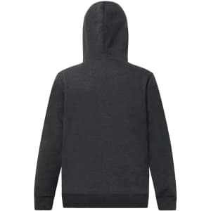A dark grey adult hoodie with a close front design and a hood. It features ribbed cuffs and a branding logo.