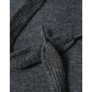 A close-up of a dark grey fleece hoodie showing the texture of the fabric and a knitted drawstring.