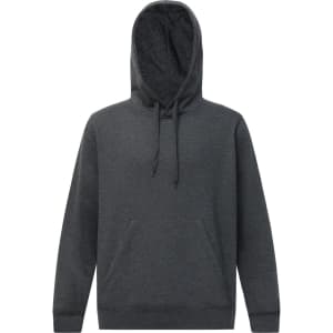 A grey adult's close front contrast fleece hoodie with a hood and a front pocket, featuring a logo.