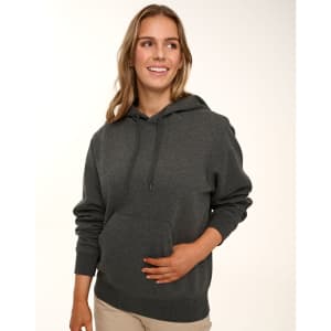 A dark grey fleecy hoodie with a front pocket and adjustable drawstring hood, featuring a logo.