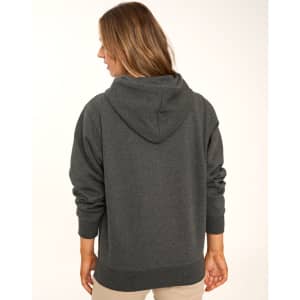 A grey fleecy hoodie with a close front and a hood, featuring long sleeves and a relaxed fit.