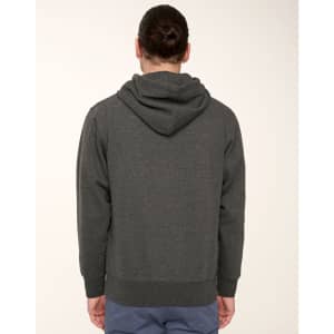 A dark grey adult hoodie with a close front and a hood, featuring a casual fit and ribbed bottom.