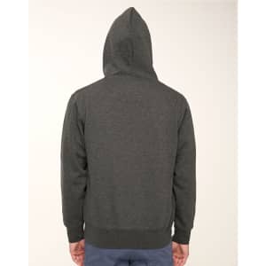 A grey adult hoodie with a front zipper and a hood, showcasing a plain back view.