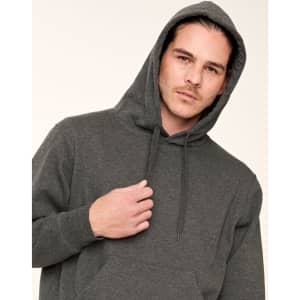 A grey adult's close front contrast fleece hoodie with a hood, featuring a front pocket and drawstrings.