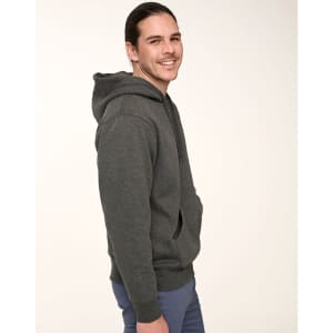 A man wearing a grey adult's close front contrast fleecy hoodie with a front pocket and a hood.