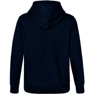 A dark navy hoodie with a front pocket and a contrasting hood. Includes a logo on the garment.