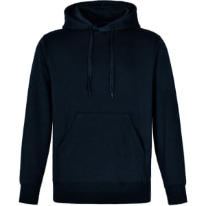 A black adult hoodie with a front pocket and adjustable drawstring hood, featuring a logo.