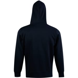 A black fleece hoodie with a close front and a hood, featuring a plain design and a logo.