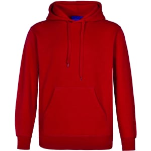 A red adult's close front contrast fleecy hoodie with a front pocket and a hood. Features a logo on the design.