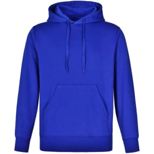 A blue adult's close front contrast fleecy hoodie with a front pocket and a hood. It features a logo.