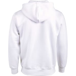 A white adult's close front fleece hoodie with a hood and long sleeves, featuring a simple design.