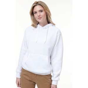 A white adult's close front contrast fleecy hoodie with a kangaroo pocket and a drawstring hood.