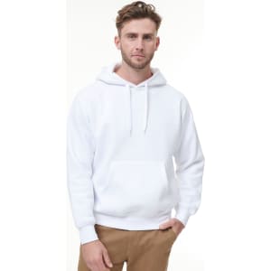 A white adult hoodie featuring a front pocket and drawstring hood, displayed by a model.