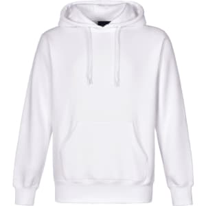 A white adult's close front contrast fleecy hoodie featuring a front pocket and adjustable drawstring hood.