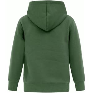 A green kids' hoodie featuring a close front design and a hood. It has long sleeves and a simple style.