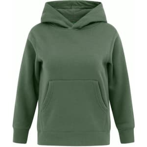 A green kids' hoodie with a front pocket and a contrast fleecy interior. It features a hood and long sleeves.