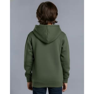 A green fleece hoodie for kids, featuring a close front design and a hood, shown from the back.