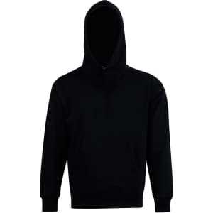 A black kids' close front contrast fleecy hoodie with a front pocket and a hood. It features a logo.