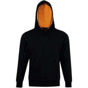 A black hoodie with a contrasting orange lining, featuring a front pocket and a hood. It has a logo.