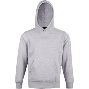 A grey fleece hoodie with a close front, featuring a hood and front pockets. It has a logo on the design.