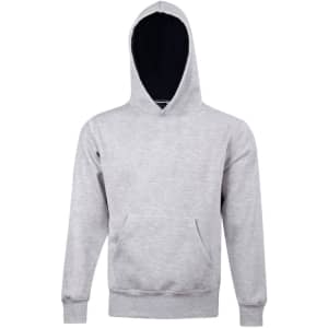 A grey kids' hoodie with a front pocket and a contrast black inside hood. It features a logo.