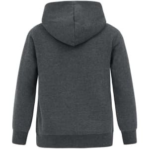 A grey fleece hoodie with a close front and hood. The back view highlights its simple design.