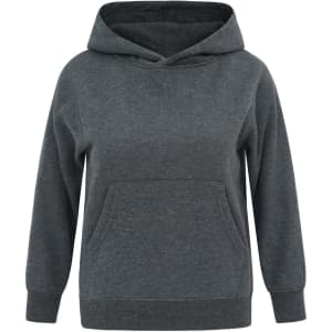 A grey kids' hoodie with a front pocket and hood, featuring a logo. Suitable for casual wear.