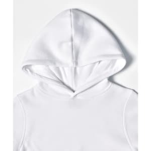 A white fleecy hoodie featuring a close front design and a drawstring hood, with a small logo.