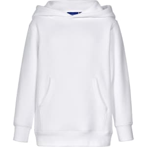A white kids' hooded jumper with a front pocket and a logo. Soft fleecy fabric for comfort.