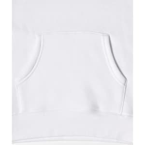A white fleece hoodie featuring a front pocket and a smooth texture. It includes a logo detail.