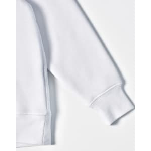 A white fleece hoodie featuring a close front design and contrast stitching on the cuff. The garment has a logo.