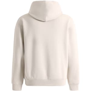 A unisex premium fleece oversized hoodie in a soft cream colour, featuring a large hood and a relaxed fit.