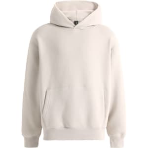 A unisex premium fleece oversized hoodie in cream with a front pocket and a hood. Features a logo.