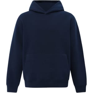 A unisex premium fleece oversized hoodie in navy blue, featuring a front pocket and a hood. It has a logo.