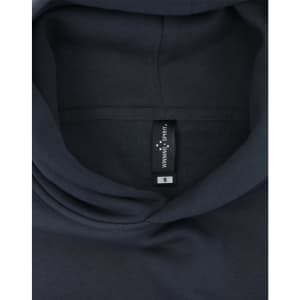 A dark grey oversized hoodie featuring an internal label and a hood design. Contains a branding logo.