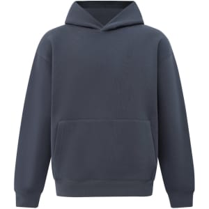 A unisex premium fleece oversized hoodie in a navy blue shade, featuring a hood and a front pocket.
