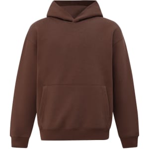A brown unisex oversized hoodie with a front pocket and a relaxed fit, featuring a hood.