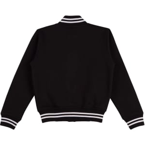 A black fleece varsity jacket featuring white striped ribbing on the collar and cuffs, with a logo on the back.
