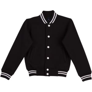 A black fleece varsity jacket featuring contrasting white stripes and buttons, with side pockets and a casual fit.