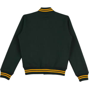 A dark green varsity jacket with yellow and white striped cuffs and collar, featuring a logo.