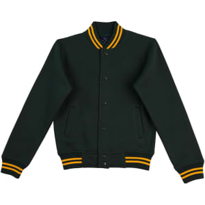 A green fleece varsity jacket with yellow stripes on the collar and cuffs, featuring a button-up front and a logo.