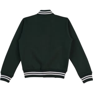 A dark green fleece varsity jacket with contrasting white stripes on the collar and cuffs, featuring a logo.