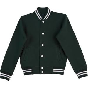 A green varsity jacket featuring a ribbed collar, button closure, and striped cuffs. It has side pockets and a logo.
